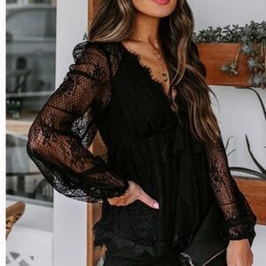 Mustard Seed Black Lace Long-Sleeve Blouse